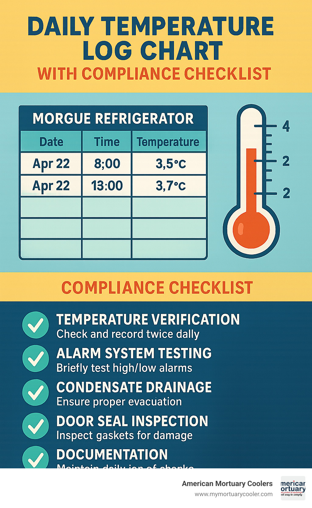 Daily temperature log chart with compliance checklist - temperature morgue refrigerator infographic 