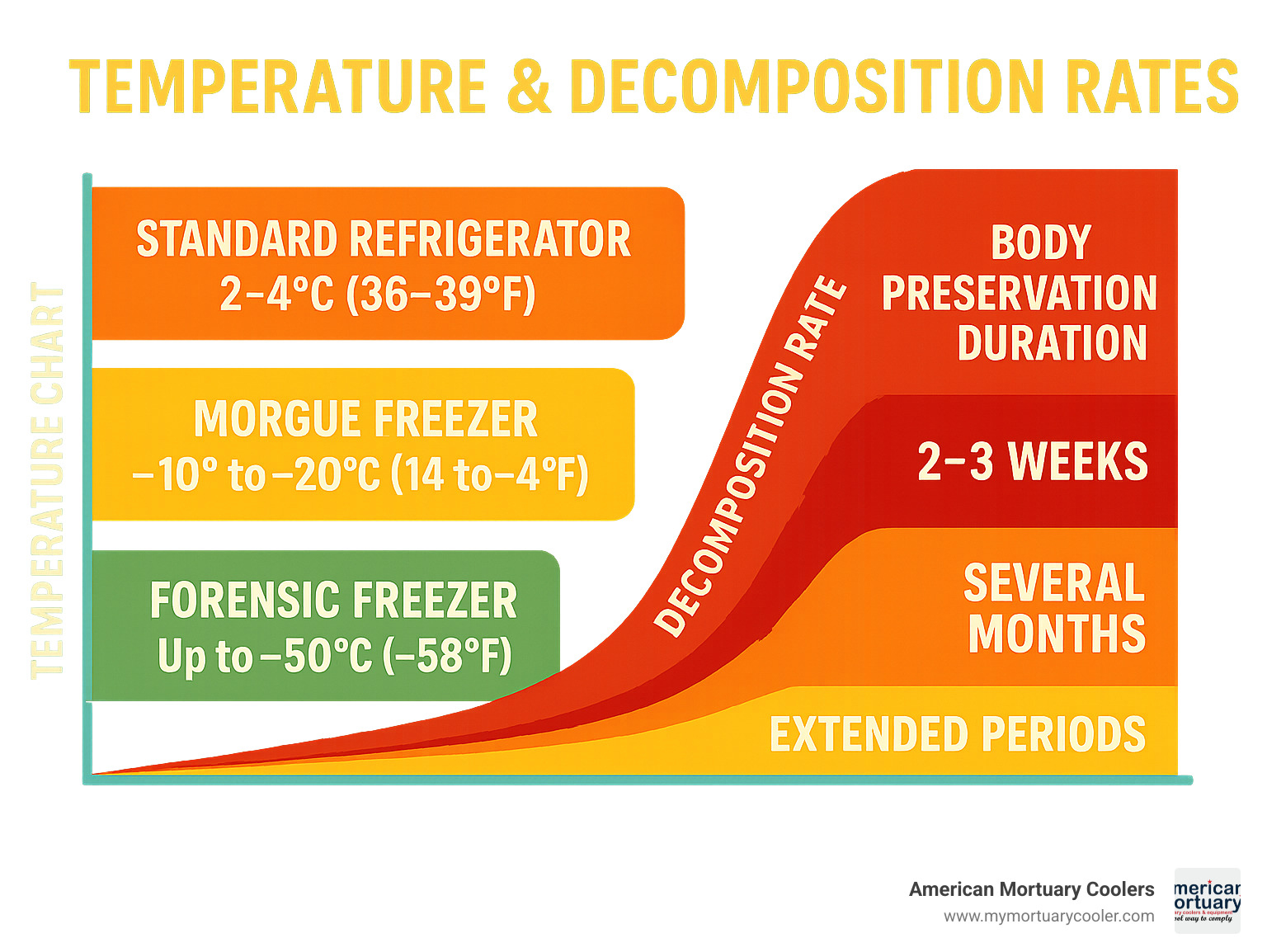 Temperature chart showing decomposition rates at different refrigeration temperatures with timeline of body preservation duration - temperature morgue refrigerator infographic 