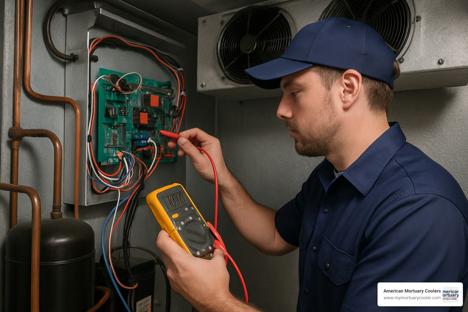 technician using multimeter on control board - walk in cooler specialist