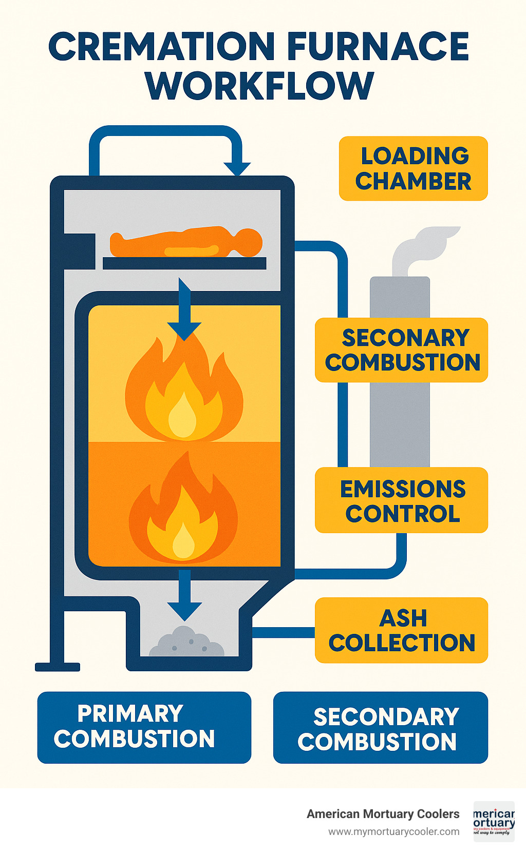 Cremation furnace workflow showing loading chamber, primary combustion, secondary combustion, emissions control, and ash collection systems - cremation furnace for sale infographic 