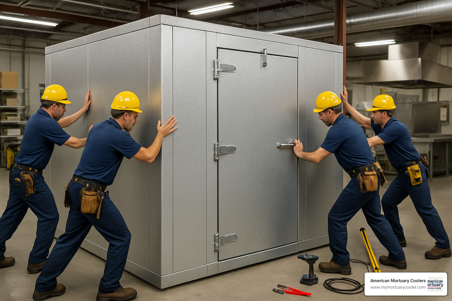 Walk-in cooler installation team at work - custom walk in coolers