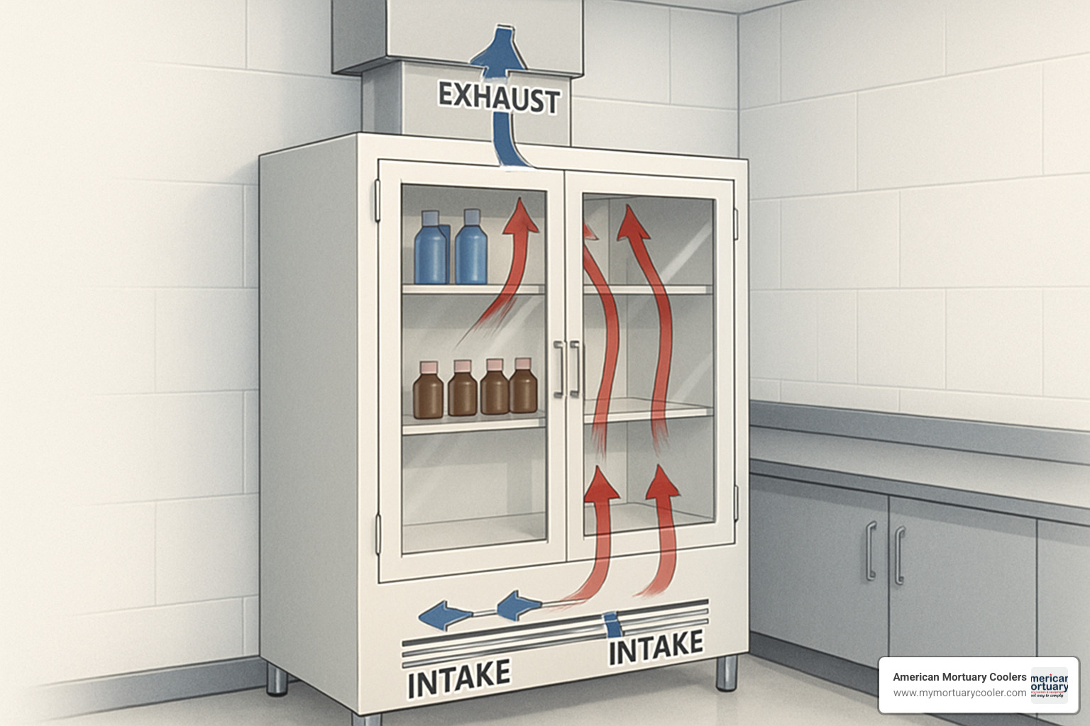 Ventilated cabinet with airflow visualization showing intake and exhaust paths - ventilated cabinet