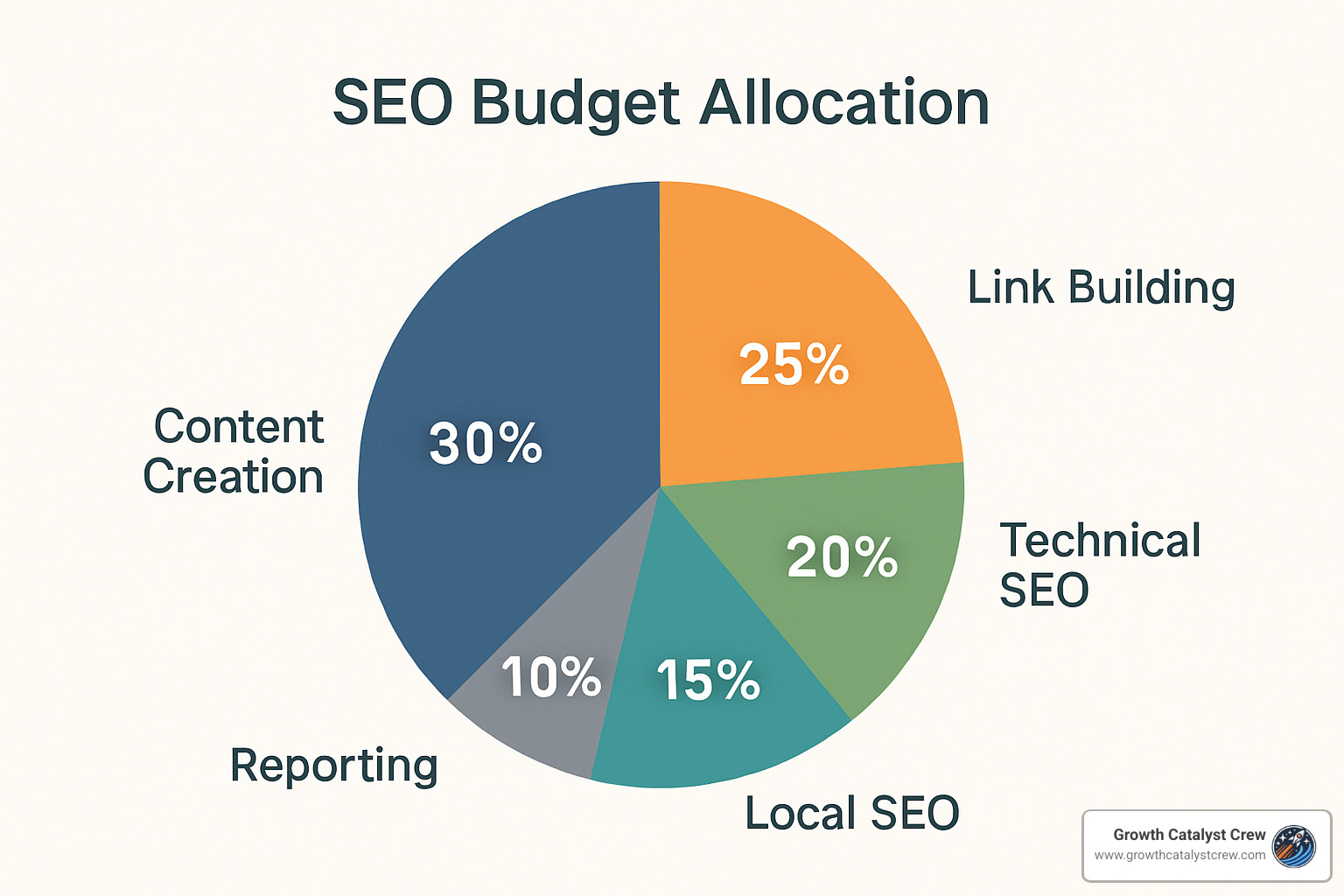 SEO budget allocation pie chart showing recommended percentages for different activities - seo services cost