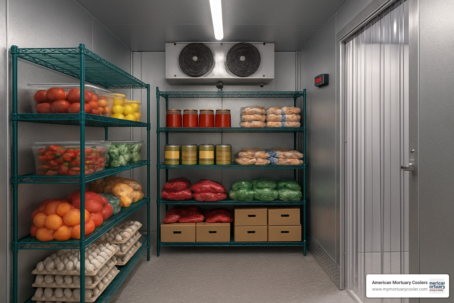 Display of walk-in cooler accessories including shelving, thermostats and lighting - American Walk-IN Coolers - 1