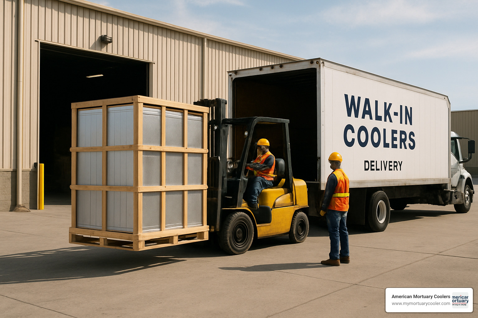 Crated walk-in cooler panels being loaded onto delivery truck - American Walk-IN Coolers - 1