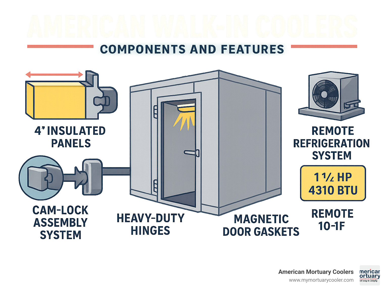 Components and features of American Walk-IN Coolers showing the 4-inch insulated panels, cam-lock assembly system, vapor-proof LED lighting, heavy-duty hinges, magnetic door gaskets, and remote refrigeration system with technical specifications - American Walk-IN Coolers - 1 infographic 