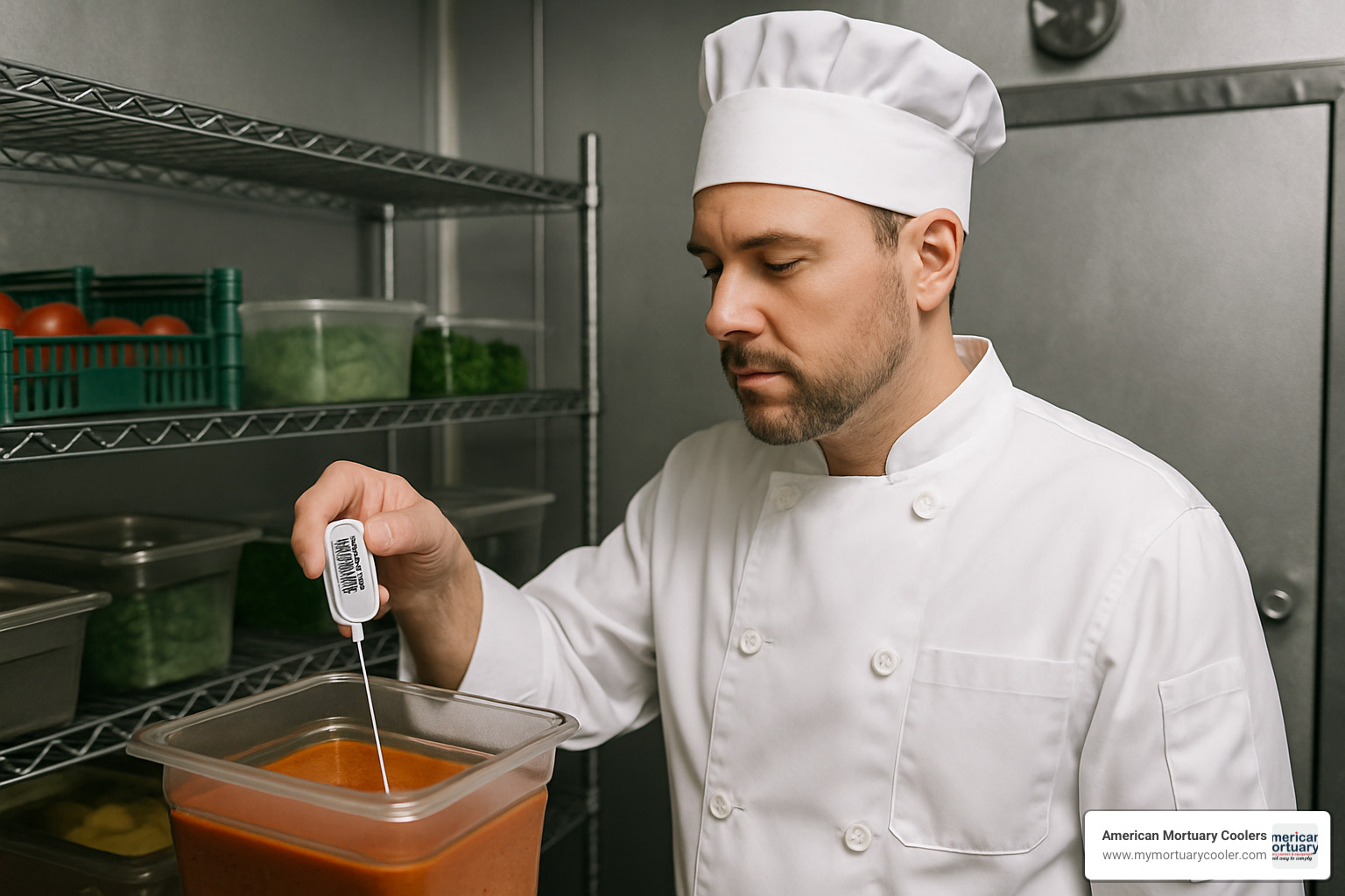 Chef checking digital thermometer in walk-in cooler - walk in cooler temperature alarm