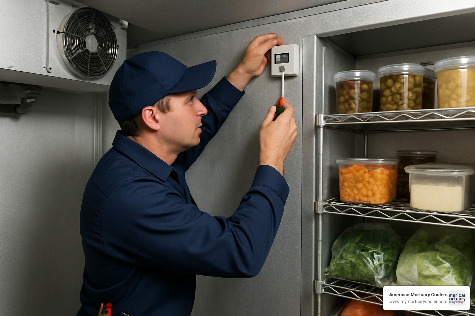 Temperature sensor being installed in walk-in cooler by technician - walk in cooler temperature alarm
