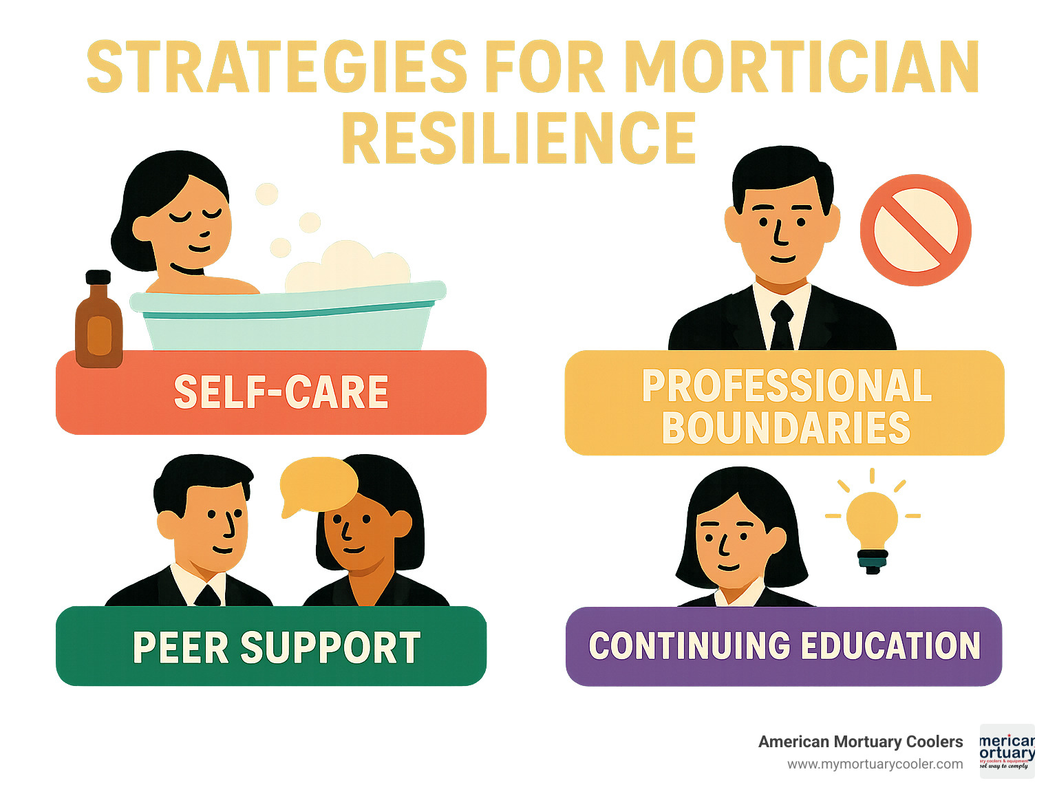 Strategies for mortician resilience showing self-care, professional boundaries, peer support, and continuing education - a day in the life of a mortician infographic 