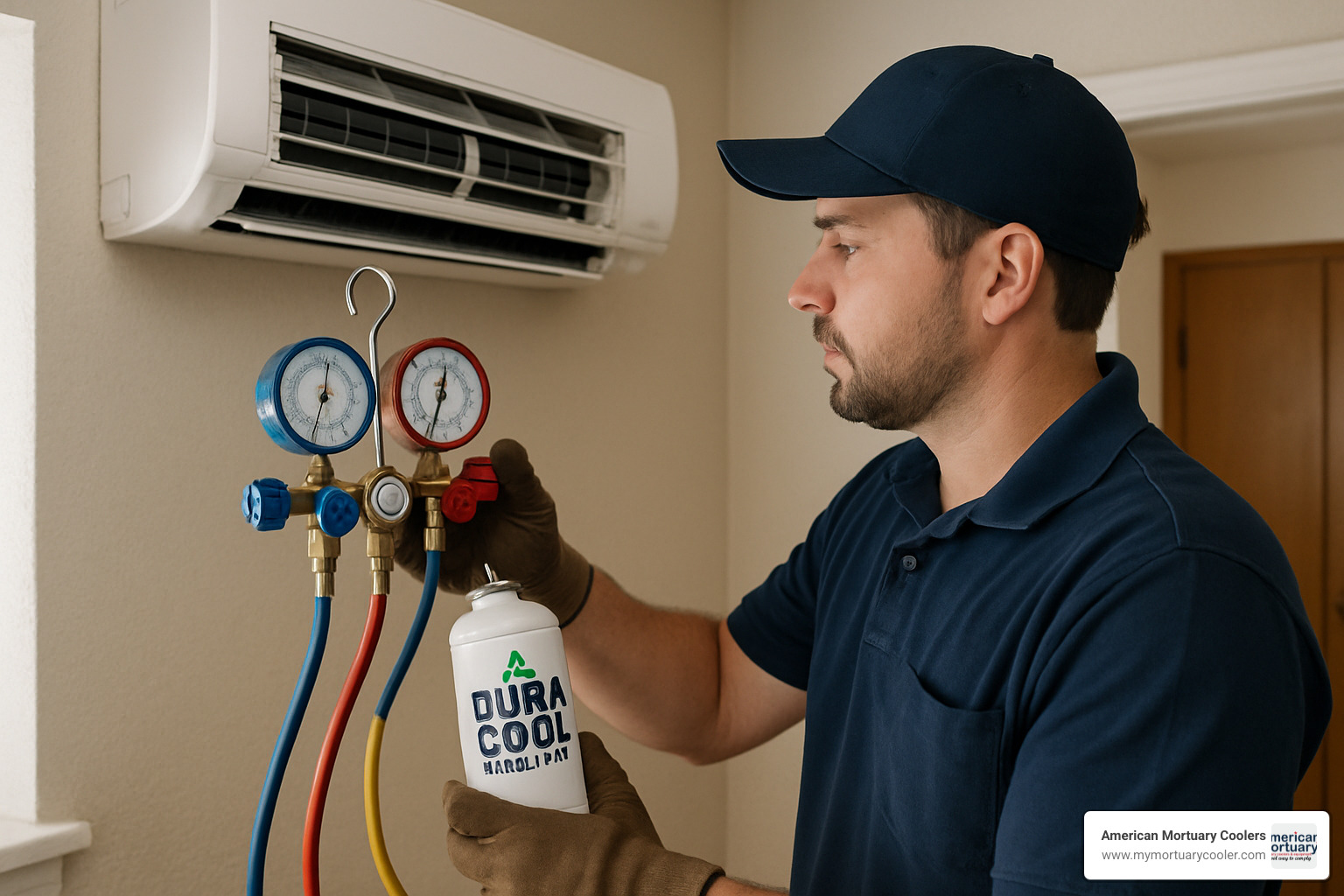 Person servicing an air conditioning system with Dura Cool refrigerant - dura cool