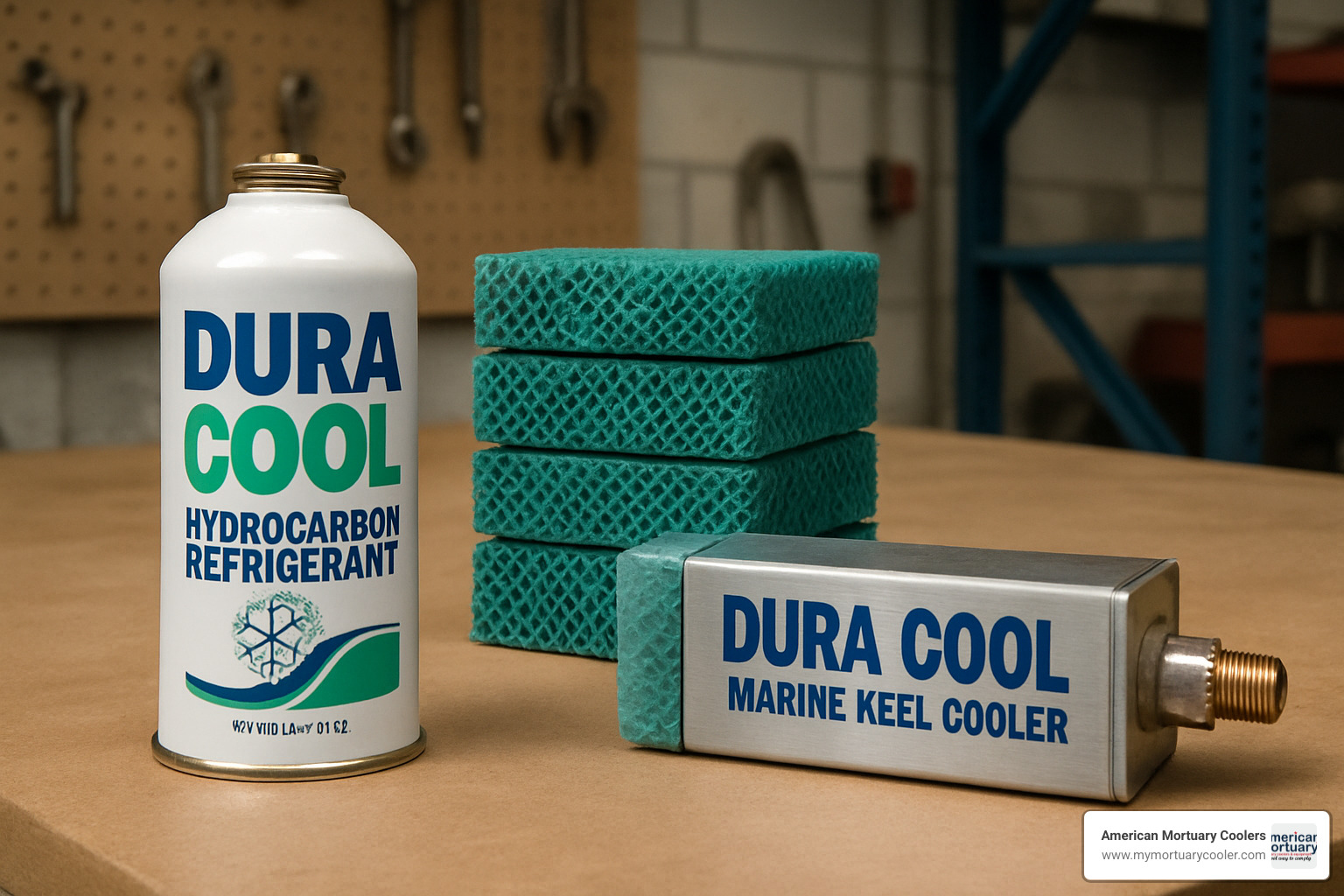Various Dura Cool product types including refrigerant canisters, evaporative pads, and keel coolers - dura cool