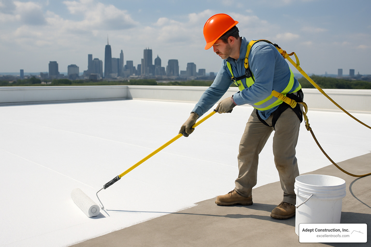 elastomeric roof coating being applied - commercial roofing naperville il