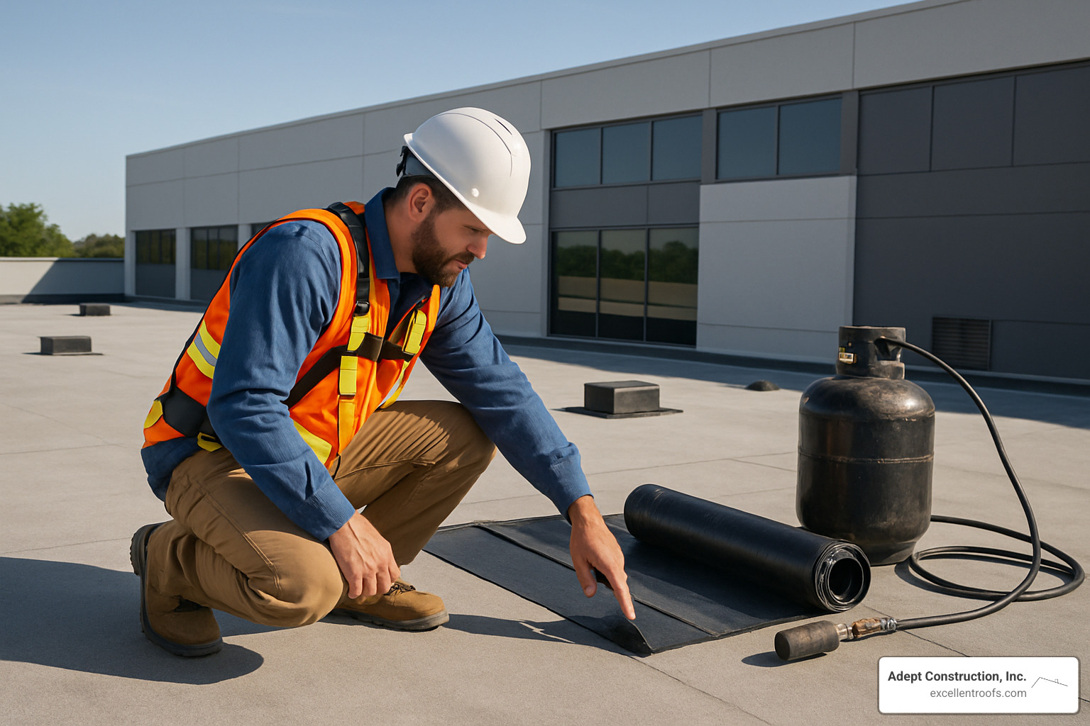 commercial roofing contractor inspecting a flat roof - commercial roofing naperville il