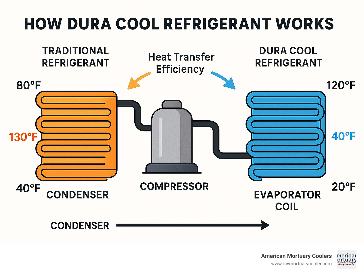 Diagram showing how Dura Cool refrigerant works in air conditioning systems, comparing heat transfer efficiency between traditional refrigerants and Dura Cool, with temperature gradients and system components clearly labeled - dura cool infographic 