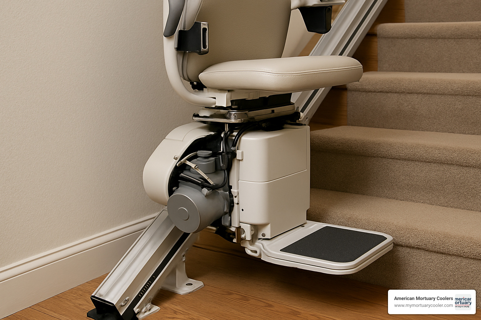 Electric stair chair lift mechanism showing rail and motor components - electric stair chair lift