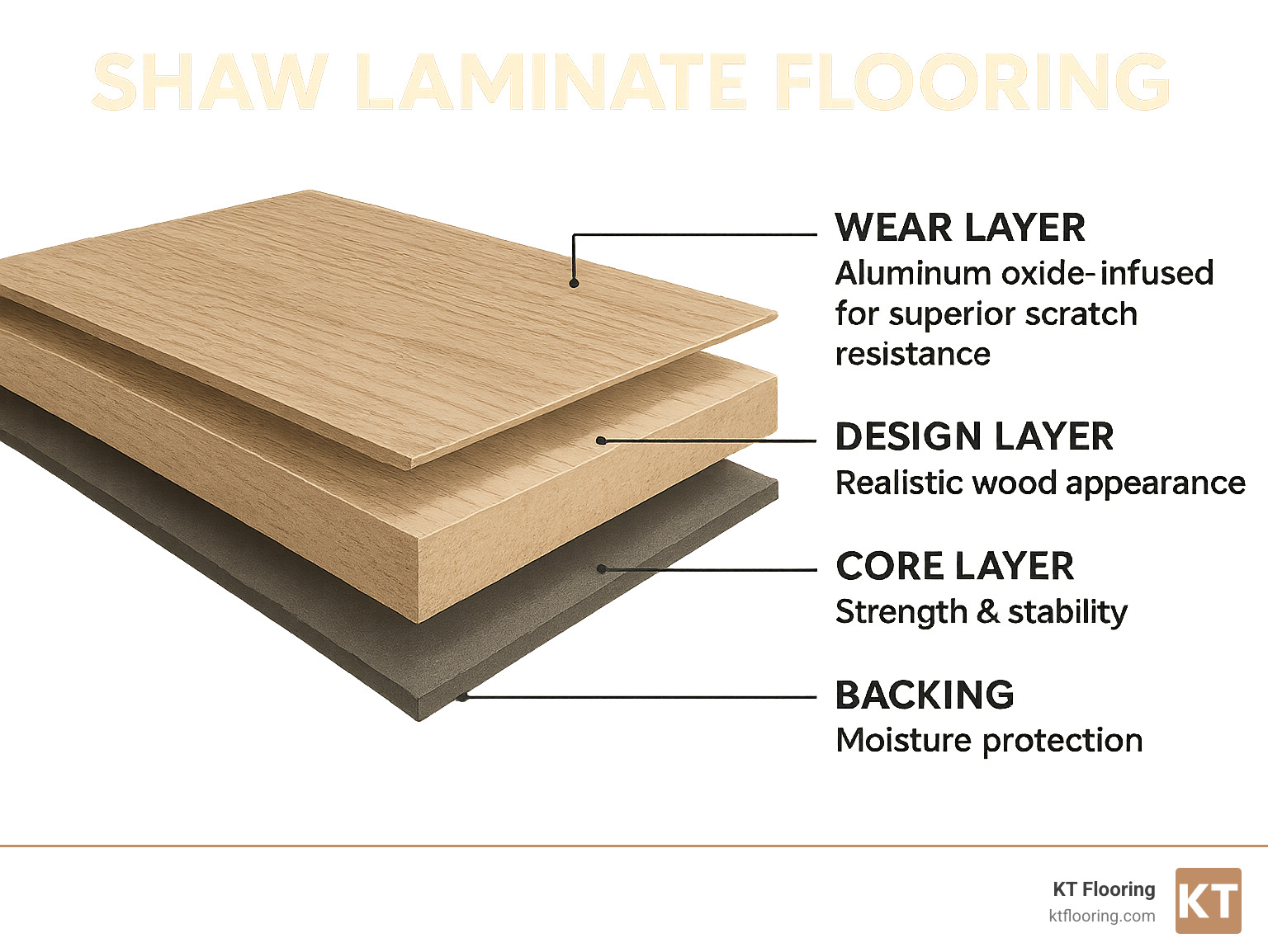 Detailed cross-section of Shaw laminate flooring showing the wear layer, design layer, core layer, and backing with labels for each component and their benefits - shaw industries laminate flooring infographic