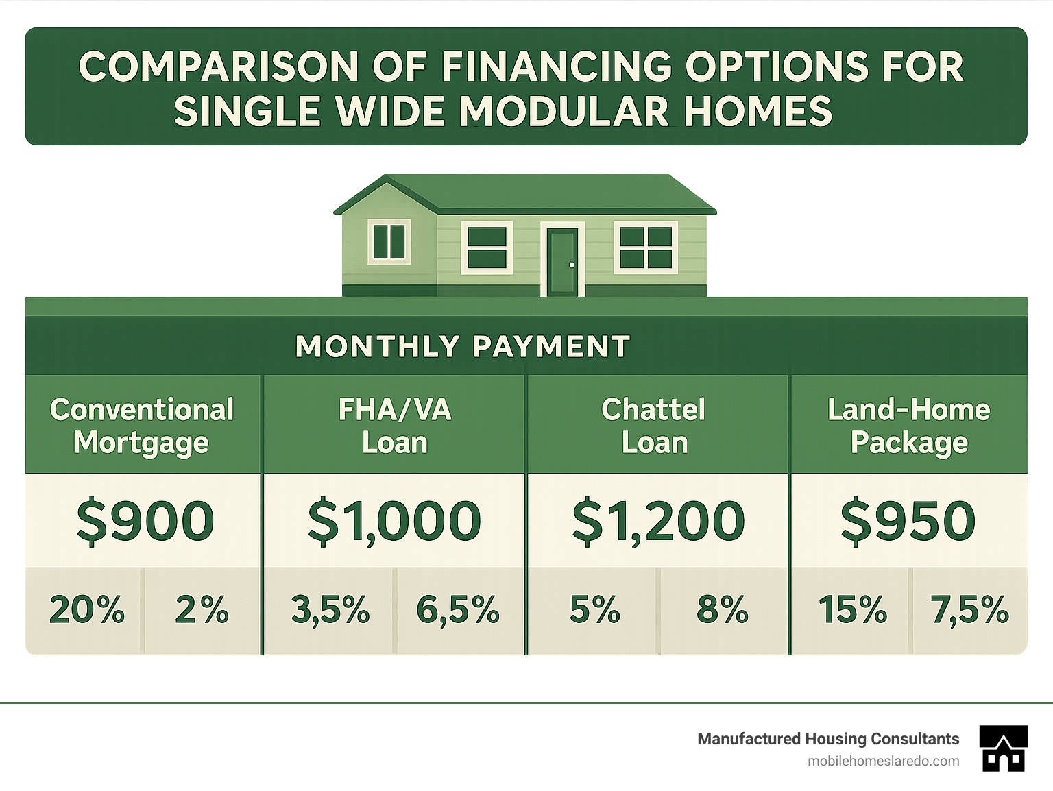 Comparison of financing options for single wide modular homes showing monthly payments, down payments, and interest rates for different loan types - single wide modular homes infographic  Comparison of financing options for single wide modular homes showing monthly payments, down payments, and interest rates for different loan types - single wide modular homes infographic