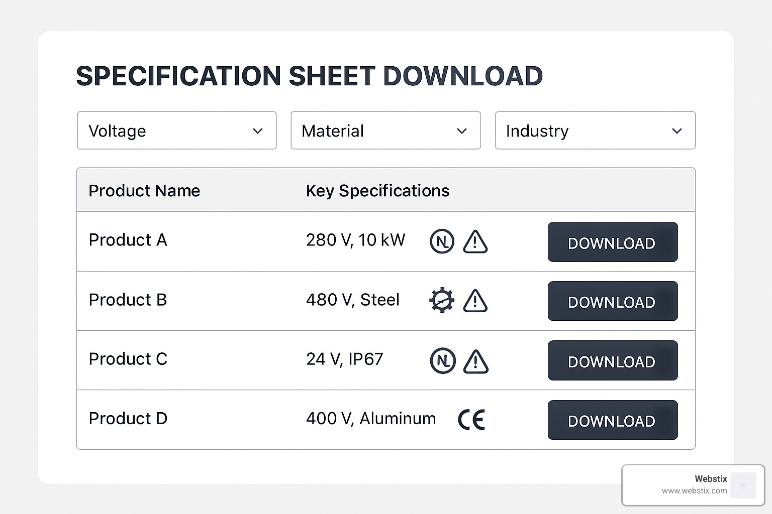 Specification sheet download module with filtering options - industrial web design Specification sheet download module with filtering options - industrial web design