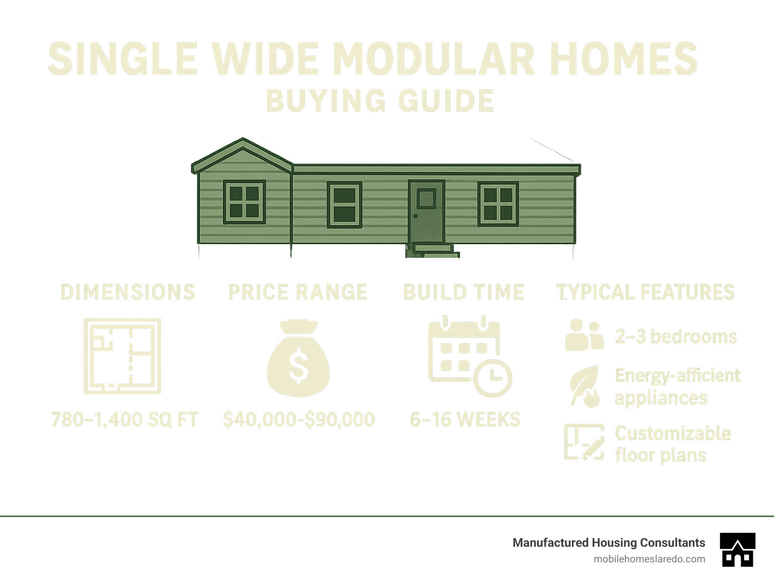 Single Wide Modular Homes Buying Guide showing dimensions (780-1400 sq ft), price range ($40,000-90,000), build time (6-16 weeks), and typical features (2-3 bedrooms, energy efficient appliances, customizable floor plans) - single wide modular homes infographic  Single Wide Modular Homes Buying Guide showing dimensions (780-1400 sq ft), price range ($40,000-90,000), build time (6-16 weeks), and typical features (2-3 bedrooms, energy efficient appliances, customizable floor plans) - single wide modular homes infographic
