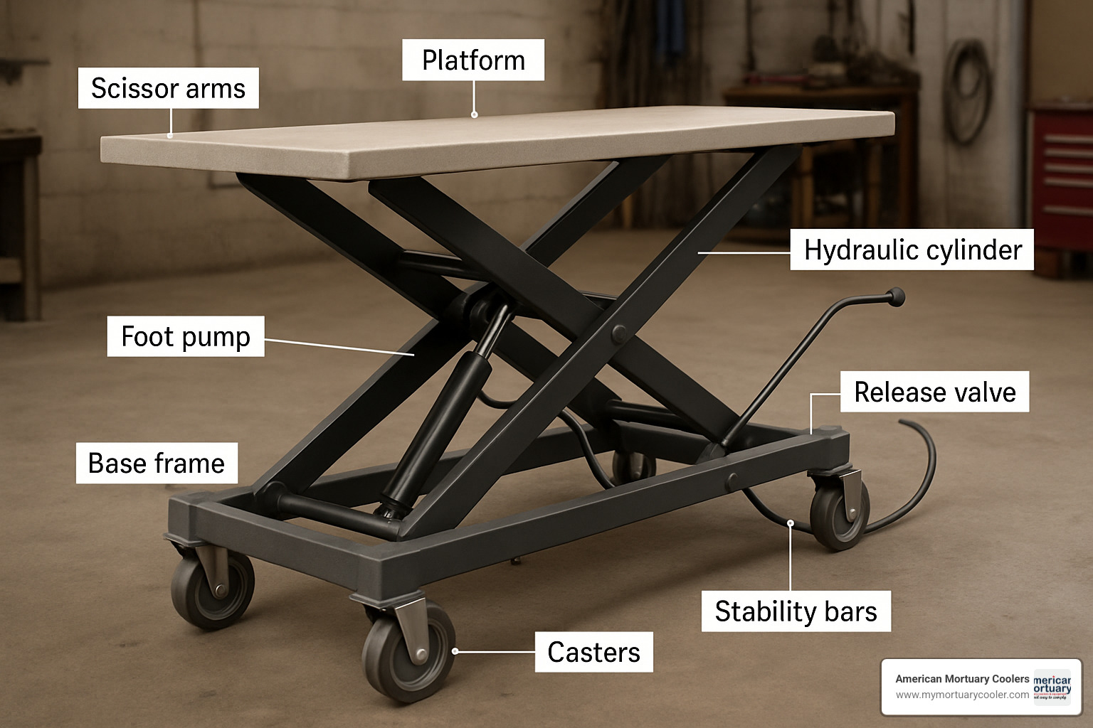 Manual scissor lift with key components labeled - manual scissor lift