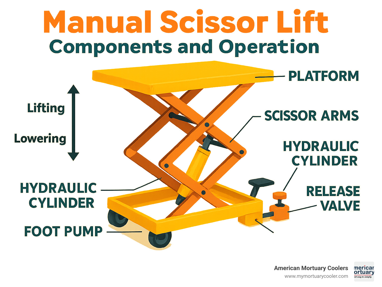 Manual scissor lift components and operation showing platform, scissor arms, hydraulic cylinder, foot pump, and release valve with arrows indicating lifting and lowering movements - manual scissor lift infographic 