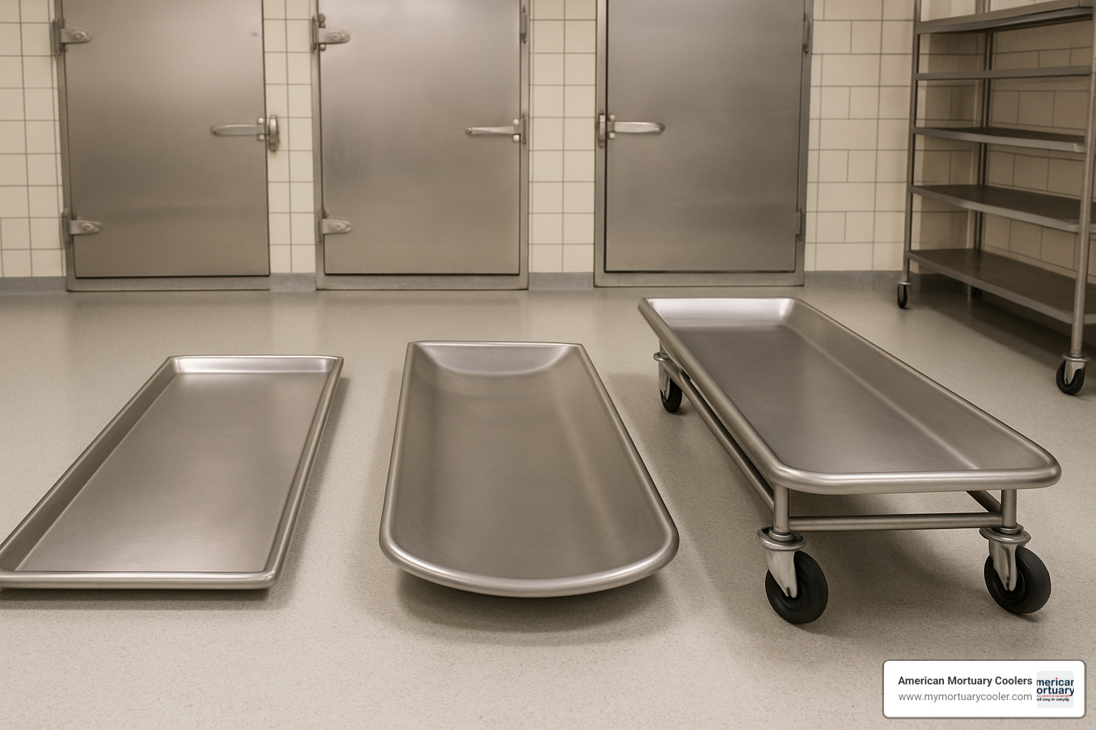 Different types of mortuary body trays including flat, curved, and with casters - mortuary body trays