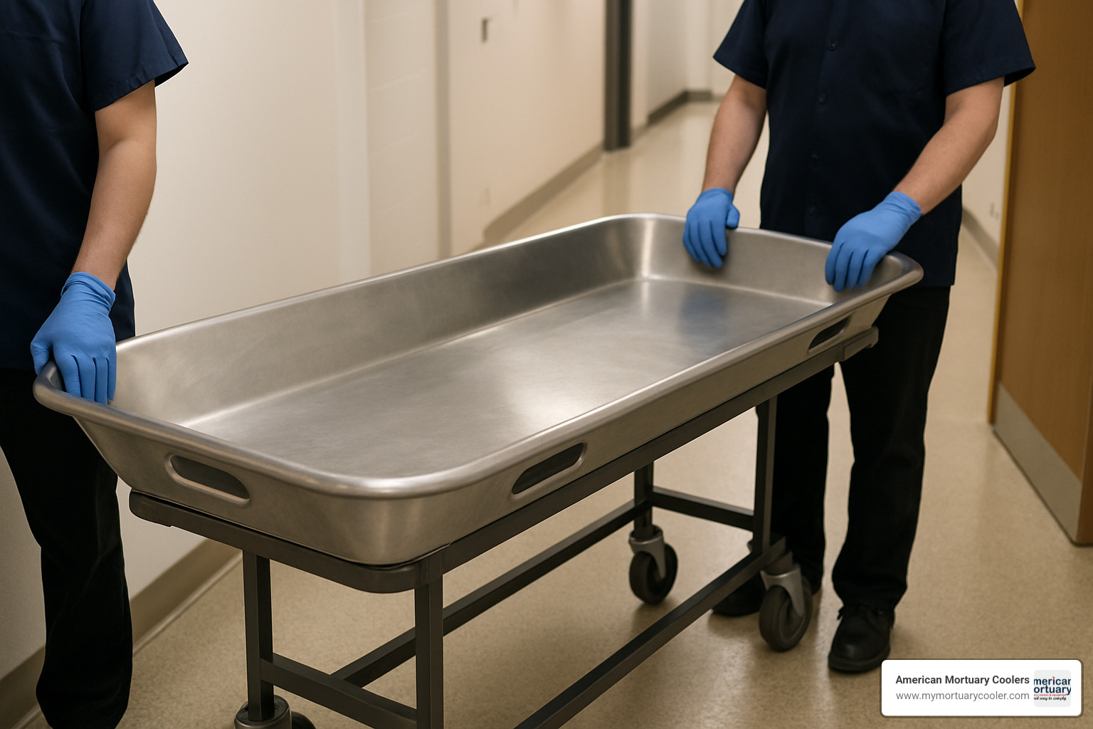 Mortuary body tray with casters being used for transport - mortuary body trays