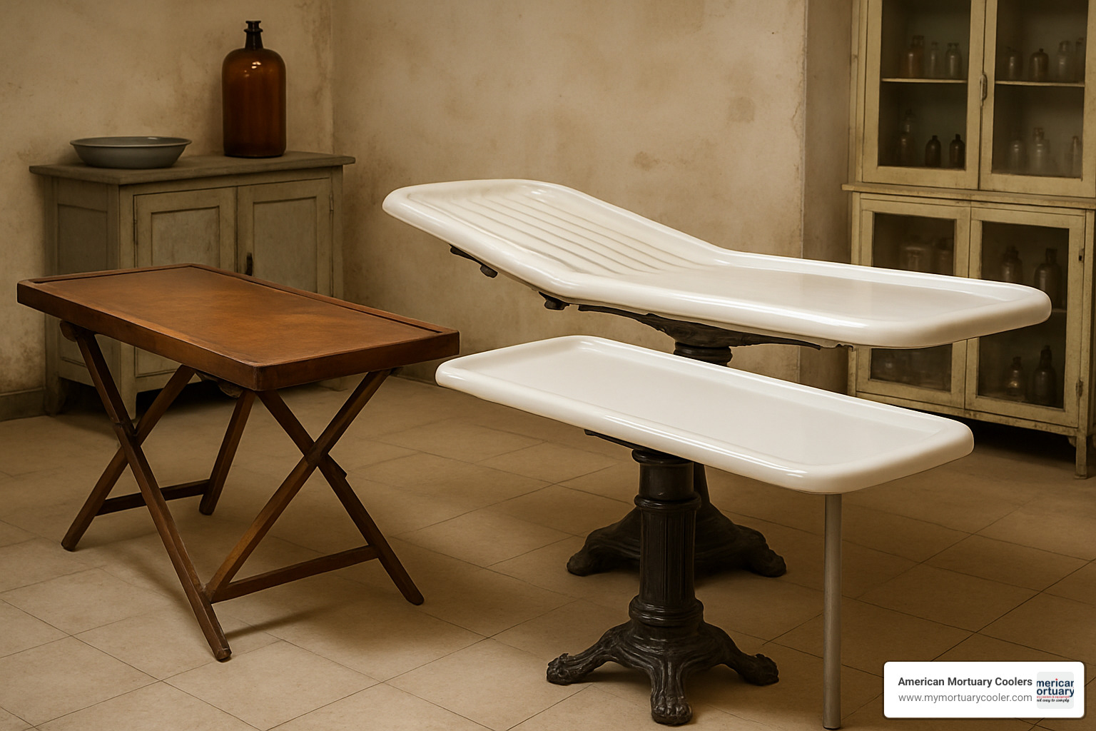 Different types of antique embalming tables including Victorian portable, cast iron, and porcelain models - buy an old embalming table