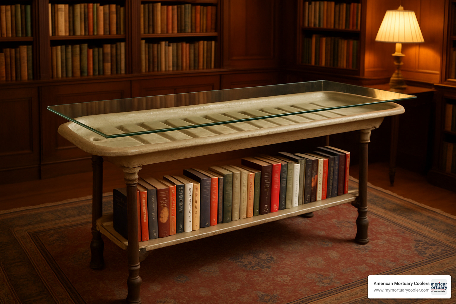 Antique embalming table repurposed as neat library console with glass top - buy an old embalming table