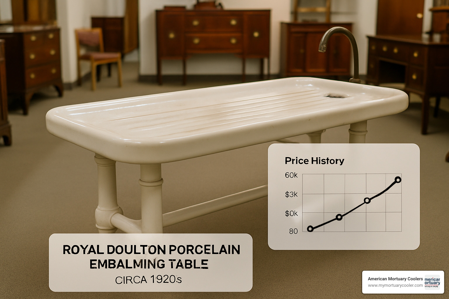 Auction listing showing a Royal Doulton porcelain embalming table with price history - buy an old embalming table