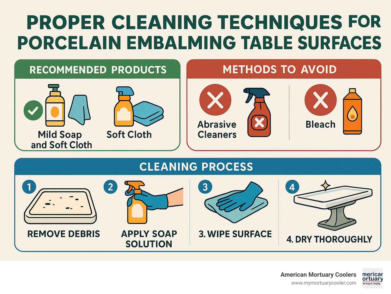 Proper cleaning techniques for porcelain embalming table surfaces, showing recommended products, methods to avoid, and step-by-step cleaning process - buy an old embalming table infographic 