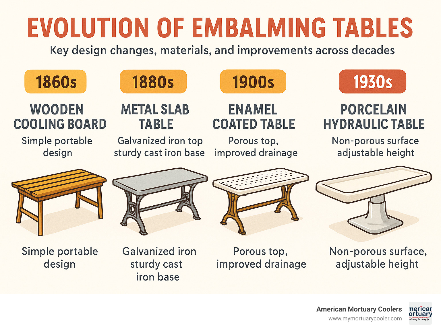 Evolution of embalming tables from 1860s wooden cooling boards to 1930s porcelain hydraulic models, showing key design changes, materials, and functional improvements across decades - buy an old embalming table infographic 