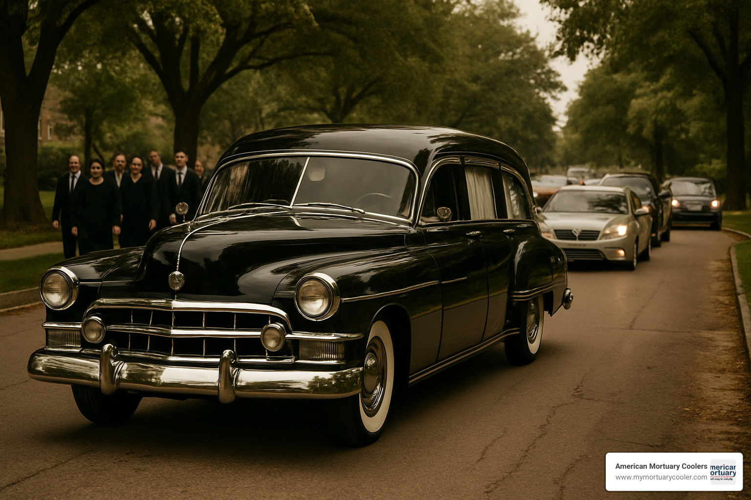 vintage hearse in contemporary funeral procession - vintage funeral equipment