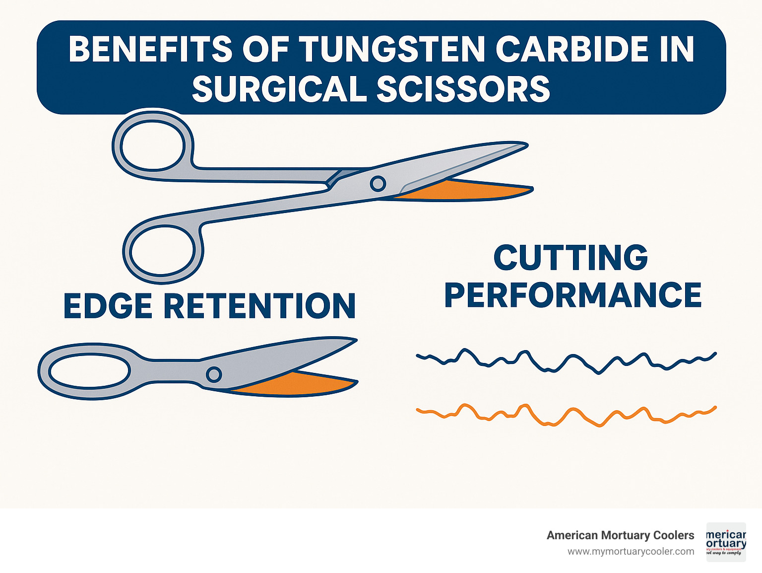 Benefits of tungsten carbide inserts in surgical scissors showing edge retention and cutting performance - scissors mayo curved infographic 
