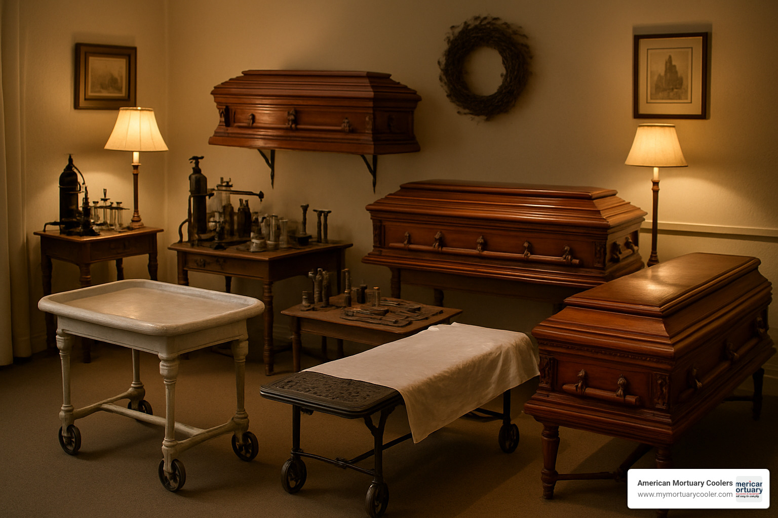 curated vintage funeral equipment display - vintage funeral equipment