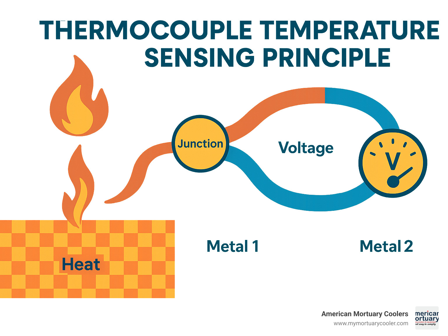 Thermocouple temperature sensing principle showing how voltage is generated at the junction of two different metals when exposed to heat - 18 inch thermocouple infographic 
