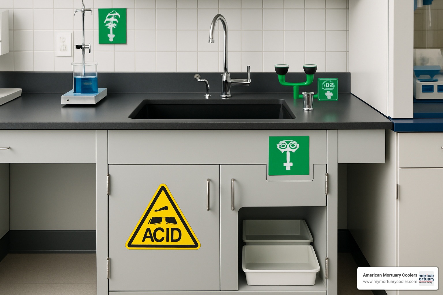 Laboratory sink cabinet with integrated eyewash station and acid-resistant features - laboratory sink cabinet