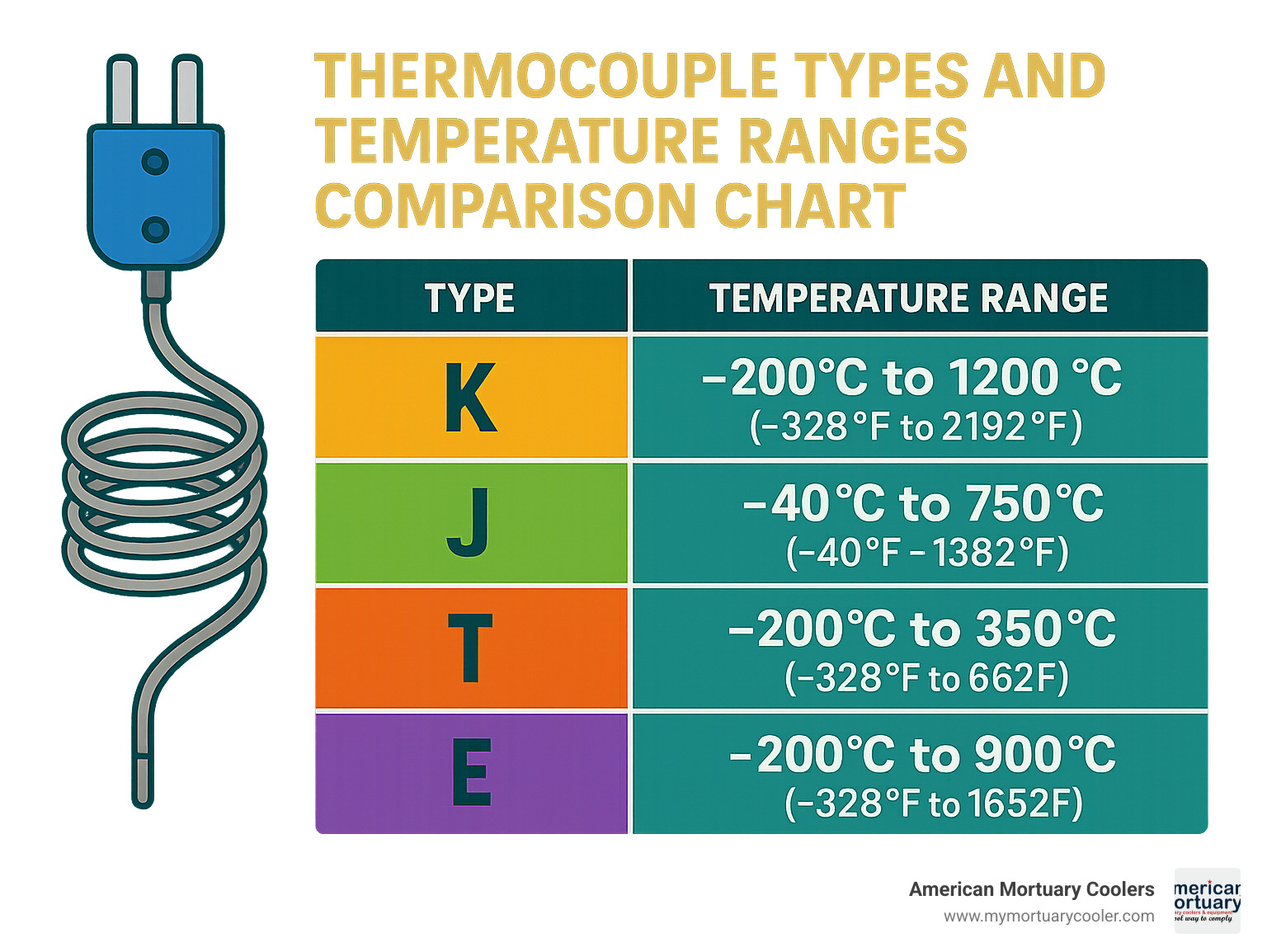 Thermocouple types and temperature ranges comparison chart - 18 inch thermocouple infographic 