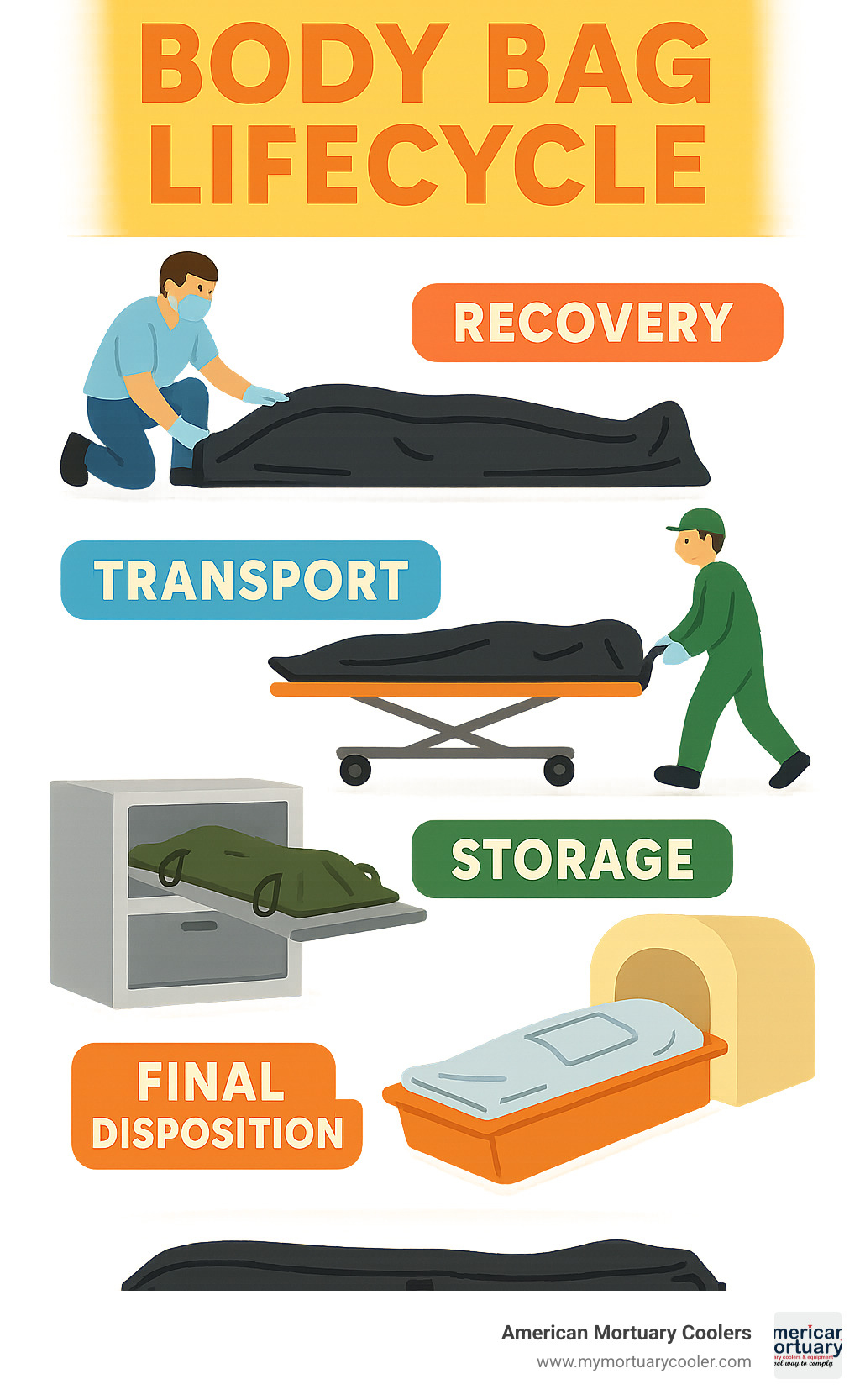 Body bag lifecycle from initial recovery through transport, storage, and final disposition showing different types and applications - body bag body infographic 