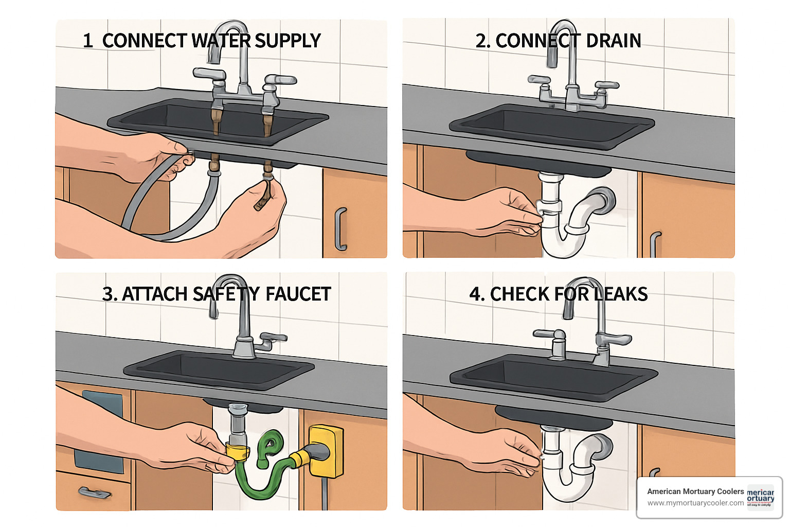 Installation guide for laboratory sink cabinets showing plumbing connections - laboratory sink cabinet