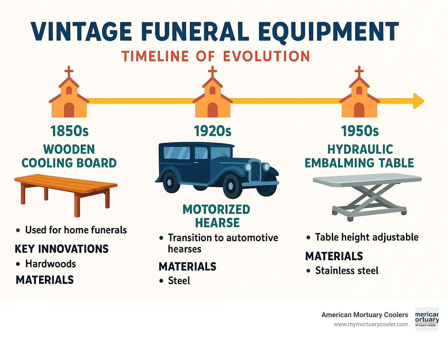Timeline showing the evolution of funeral equipment from 1850s wooden cooling boards through 1920s motorized hearses to 1950s hydraulic embalming tables, with key innovations and materials noted for each era - vintage funeral equipment infographic 