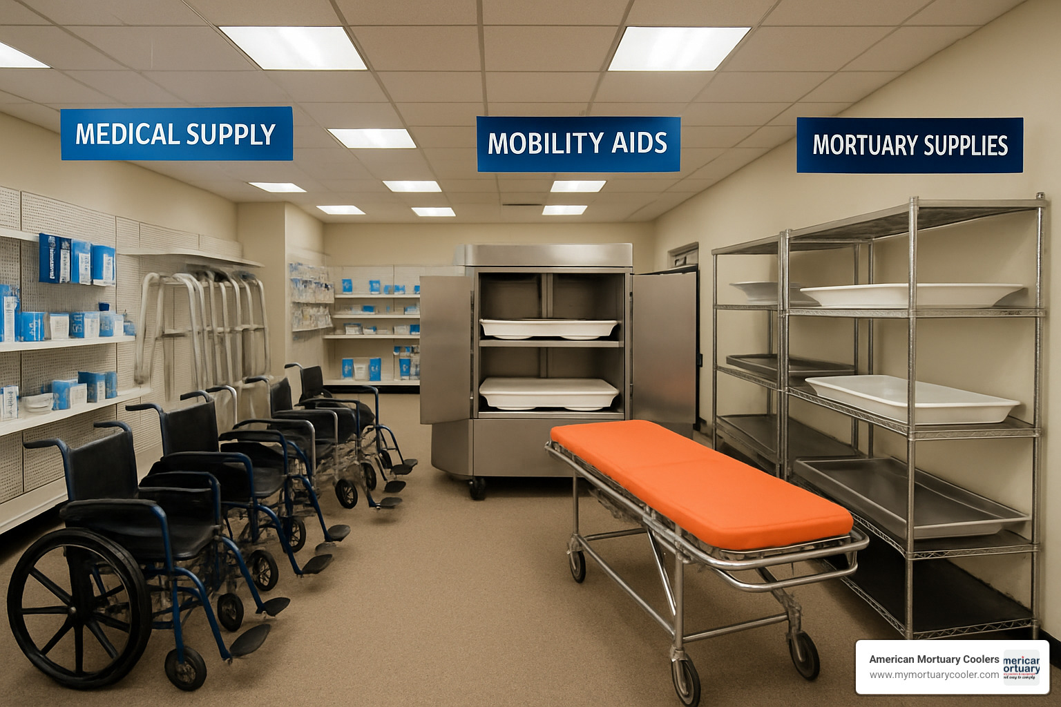 Medical supply store showing diverse equipment from mobility aids to mortuary supplies - medical supply columbia