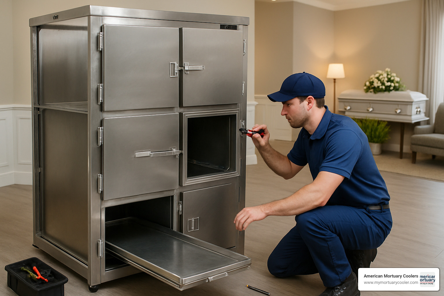Technician installing a mortuary cooler in a funeral home - medical supply columbia