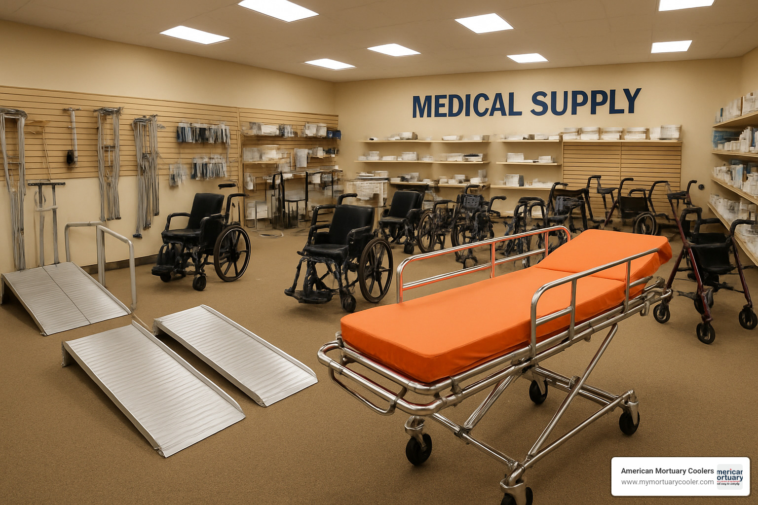 Diverse medical equipment including mortuary stretchers and accessibility ramps - medical supply columbia