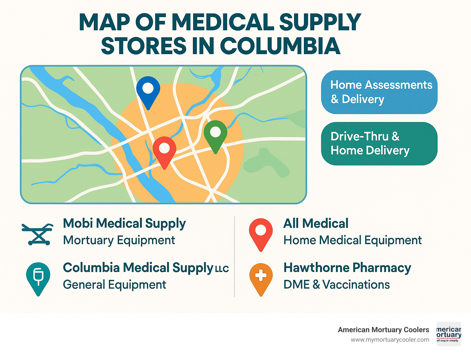 Map of medical supply stores in Columbia showing locations, specialties, and service areas - medical supply columbia infographic 