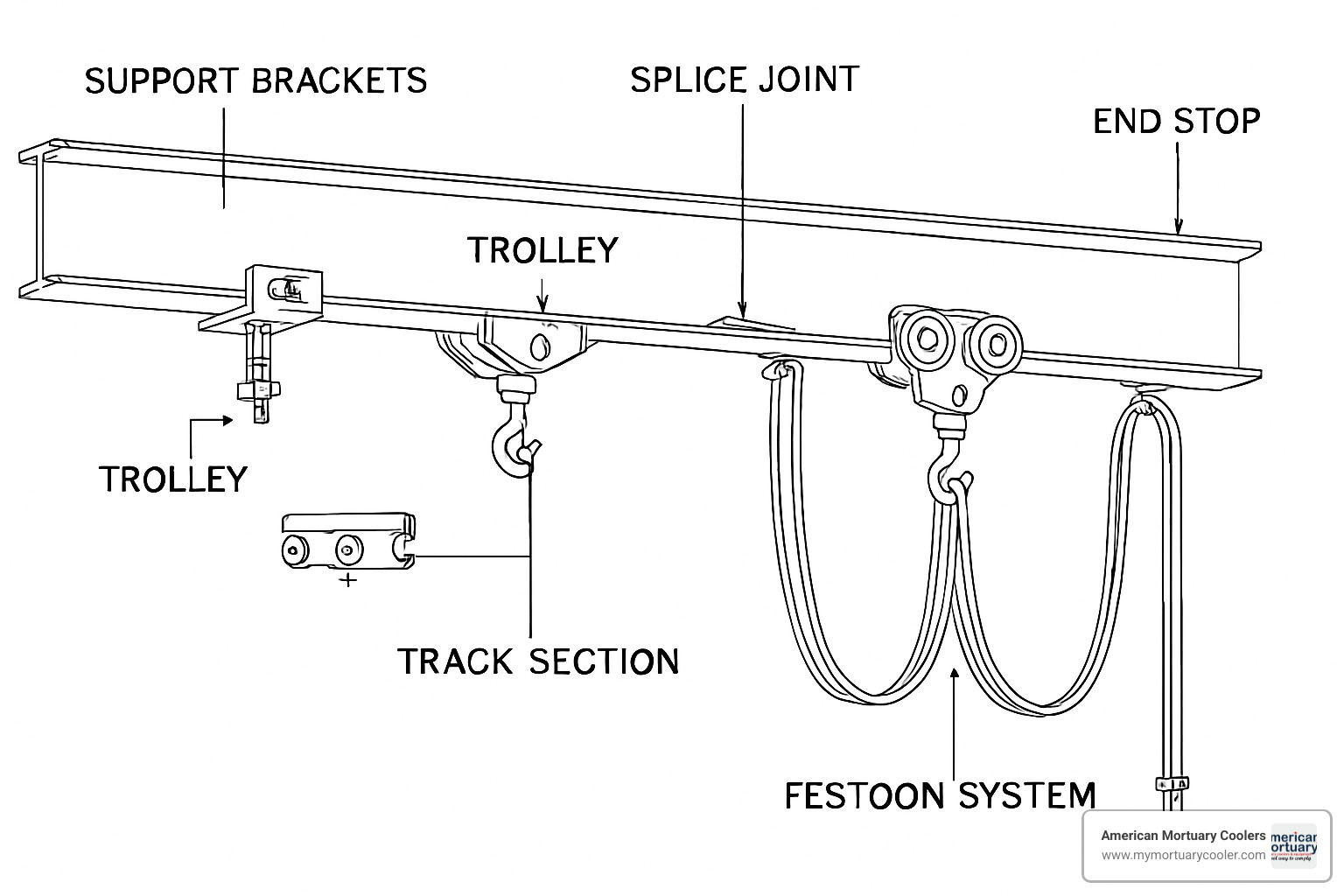 Technical diagram of overhead track system components - overhead track system