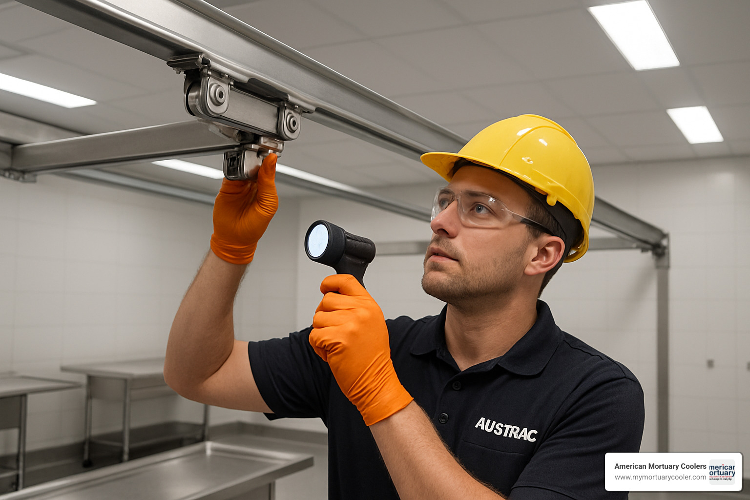 Technician inspecting an overhead track system - overhead track system