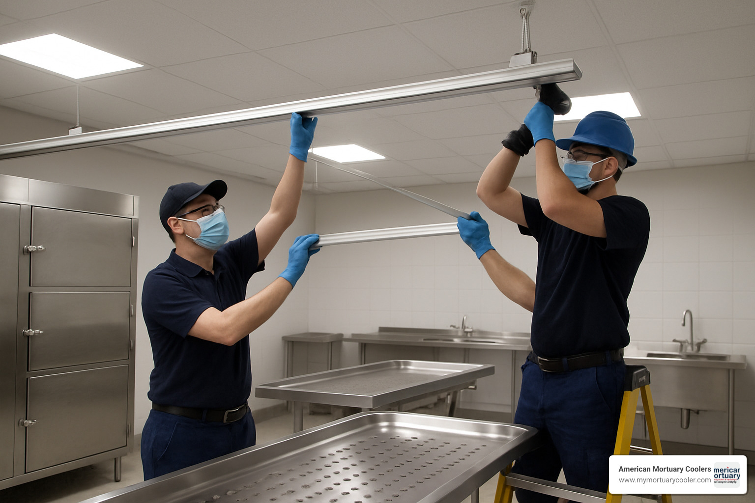 Overhead track system installation in a mortuary setting - overhead track system