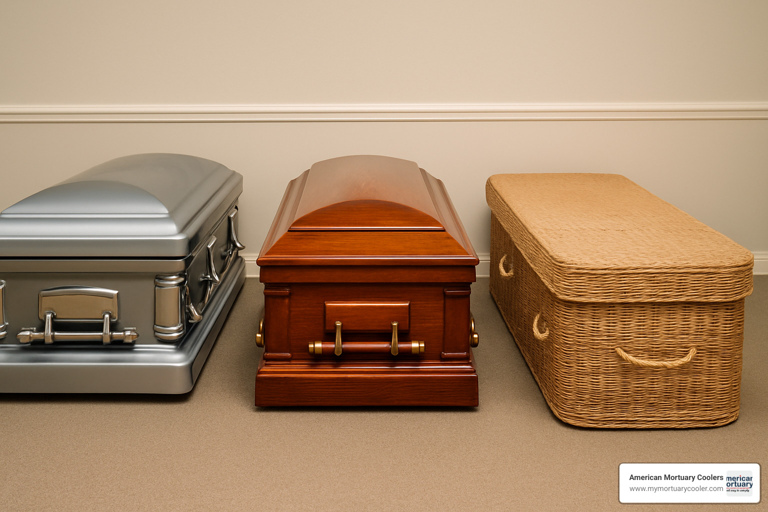 Different types of casket materials including metal, wood, and biodegradable options - bodies in caskets