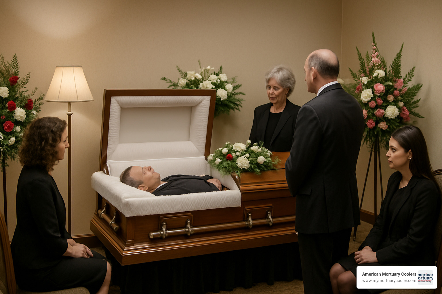Traditional funeral viewing with half-couch casket display - bodies in caskets